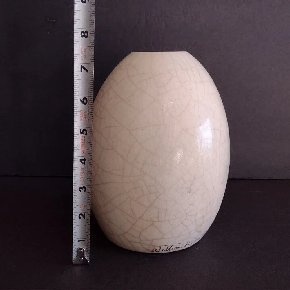 Signed William K Turner Raku Pottery Vase White Crackle Glaze 8